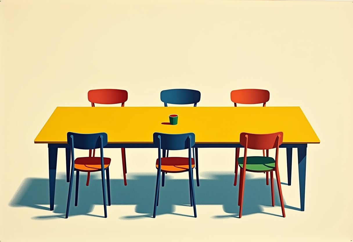 A yellow table with six mismatched chairs in red, blue and green, empty except for a single small green and red cup, on a pale cream background.