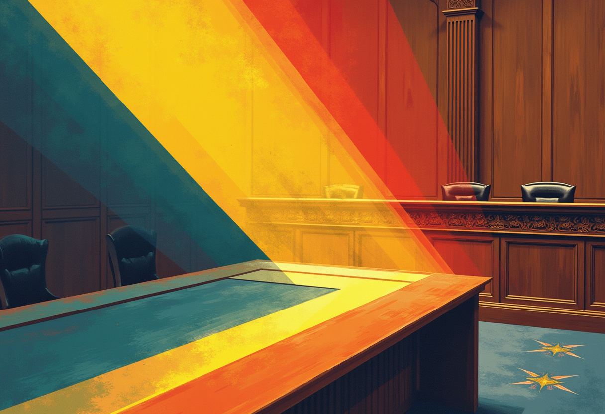 An empty wood-paneled hearing room with a raised dais and black chairs, crossed by diagonal bands of teal, yellow, orange and red light.