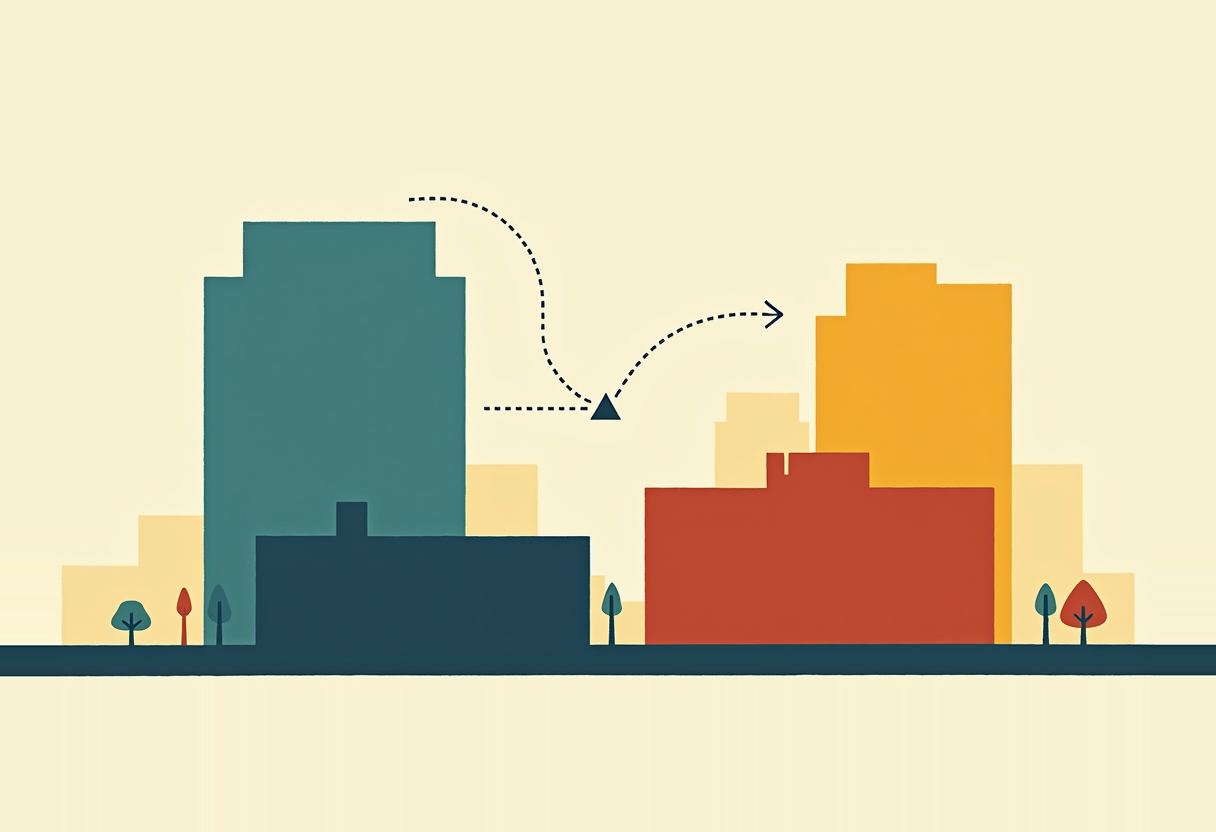 Flat illustration of a teal building on the left and orange/red buildings on the right, connected by a dotted arrow bending through a small triangle marker.