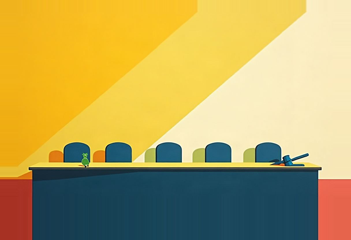 Flat risograph illustration of an empty committee dais: a row of unoccupied chairs behind a long blank desk, a gavel resting on the desktop, and a small green parrot standing alone on the desk; warm off-white wall with a diagonal shaft of golden light.
