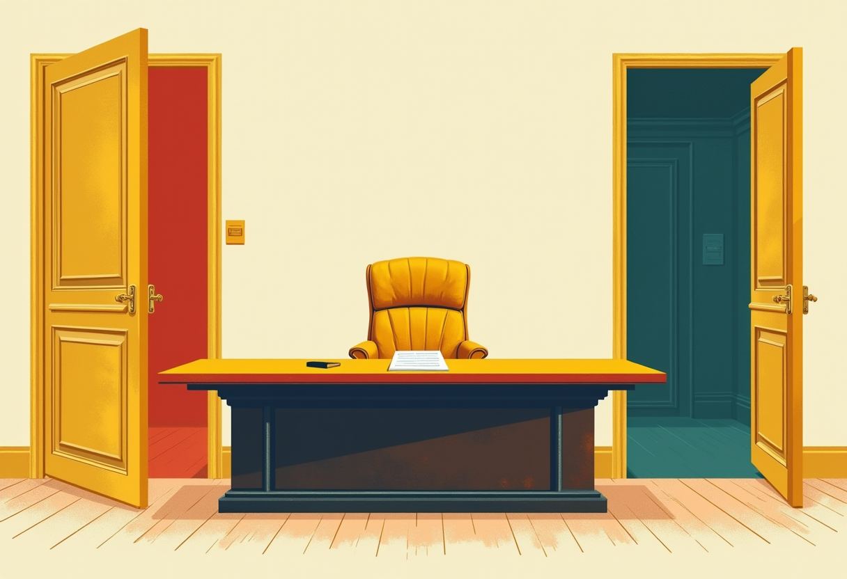 An empty yellow leather chair behind a desk with a paper and phone, flanked by two open doors leading to a red room and a teal room.