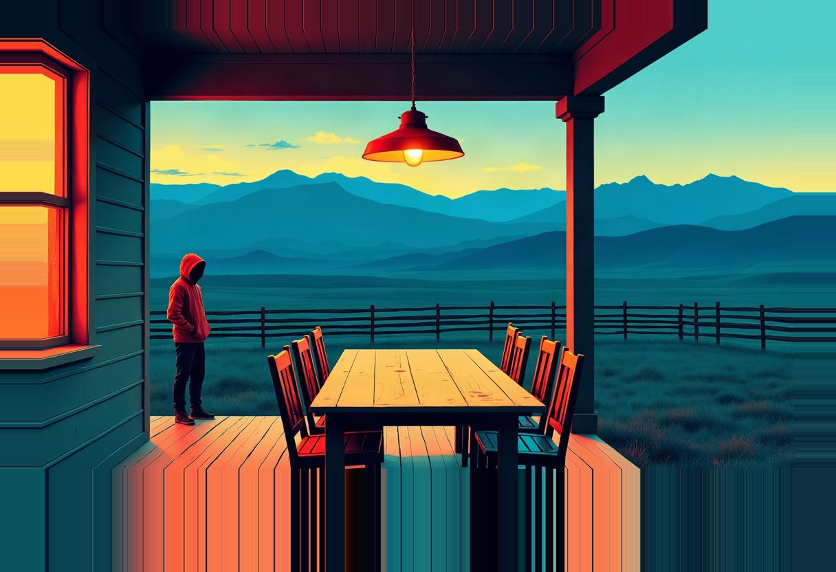 A hooded figure stands alone at the edge of a covered porch with an empty wooden table and six chairs, overlooking a fenced field and blue mountains at dusk under a lit hanging lamp.