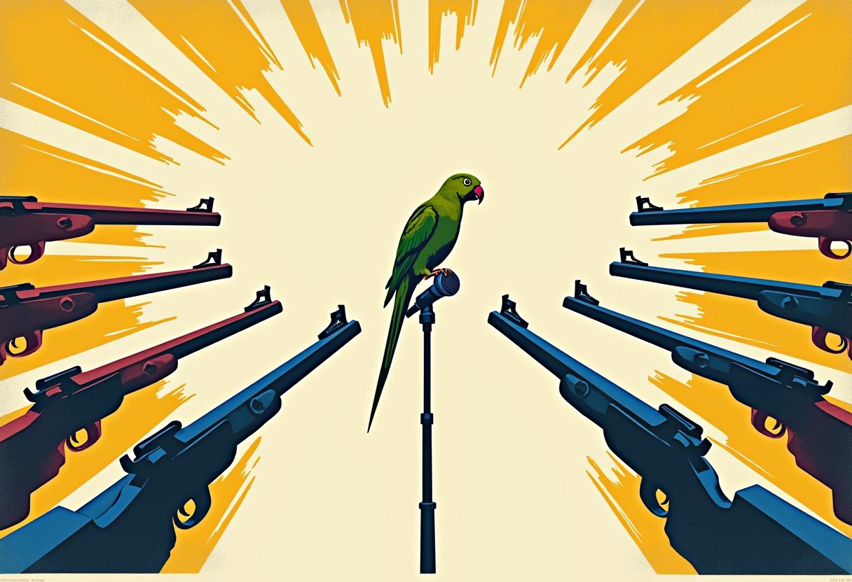 A green parrot perched on a microphone stand between two rows of rifles aimed at it, against a yellow starburst background.