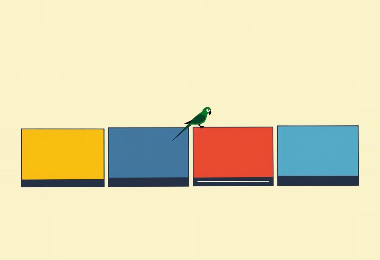 A green parrot perches between four blank rectangular panels in yellow, blue, red, and light blue on a pale yellow background.