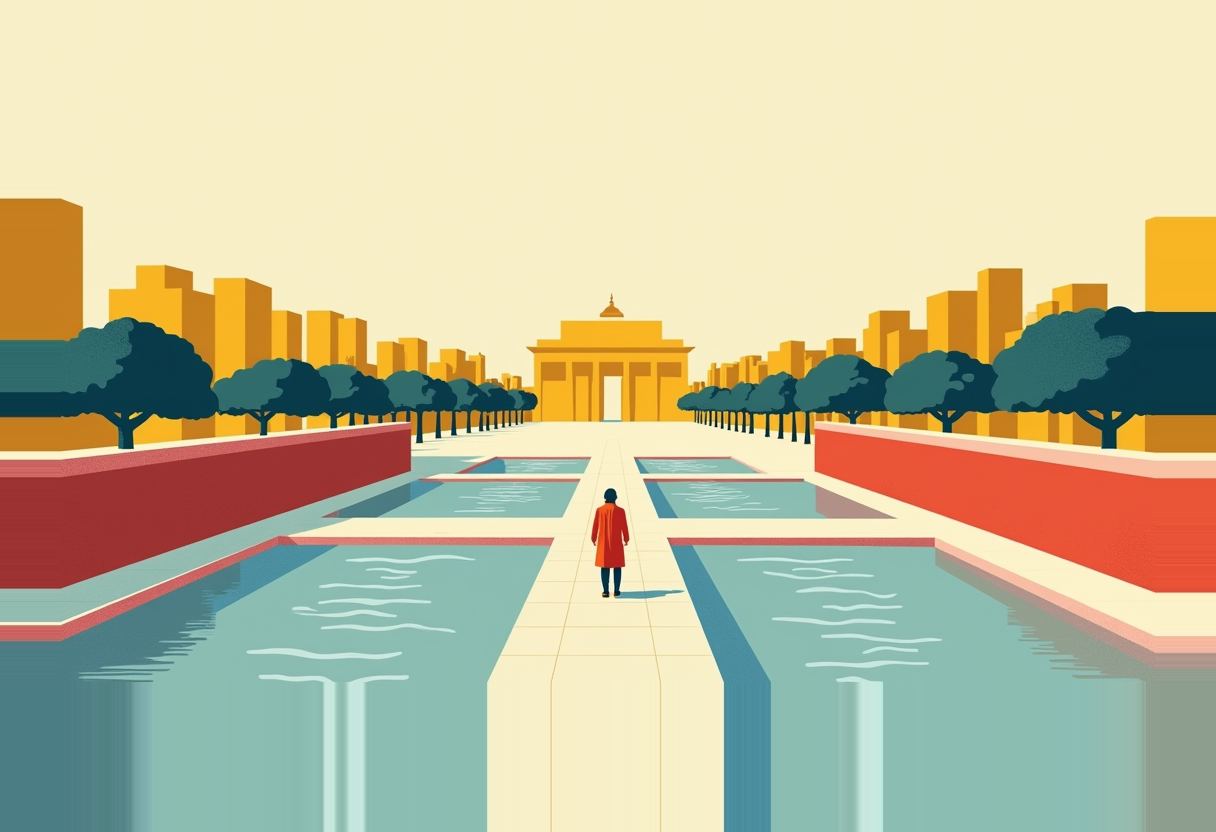 A single figure in a red coat stands on a walkway between two reflecting pools flanked by trees, facing a distant domed building at the end of the plaza.