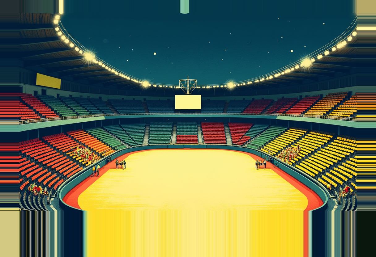 A stadium at night with mostly empty red, green, and yellow seating sections, a few small clusters of people scattered in the stands, and an empty yellow-lit arena floor below a blank scoreboard screen.