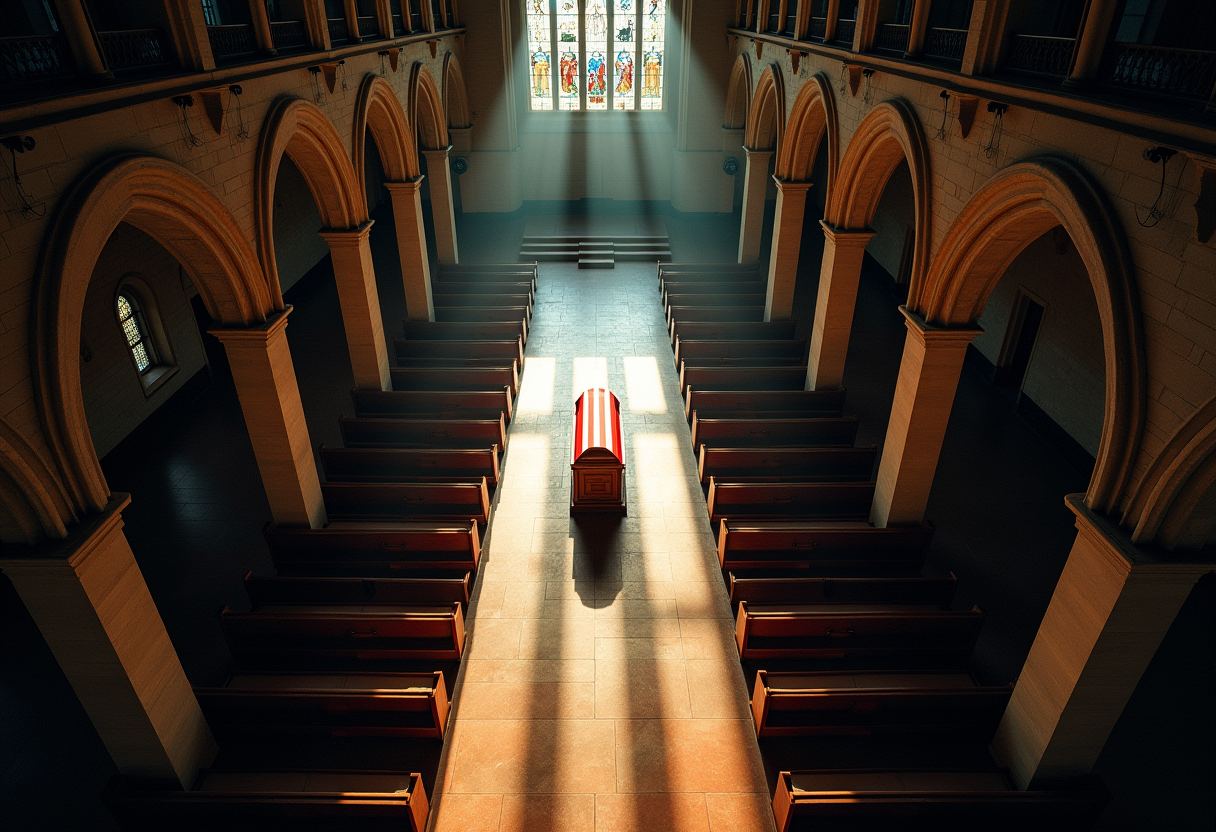 A flag-draped casket sits in the center aisle of an empty church, lit by a shaft of sunlight from a stained-glass window, flanked by rows of wooden pews under stone arches.