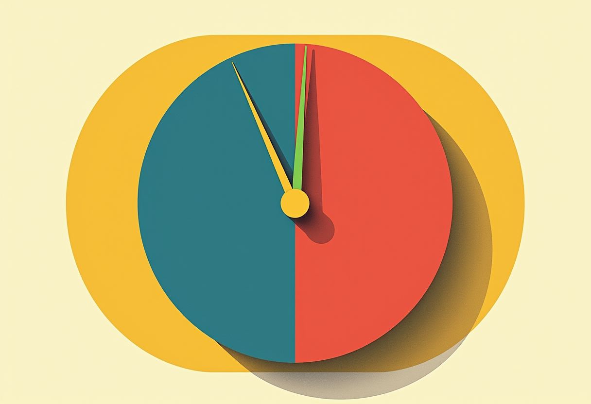 A round clock face split teal-left/red-right, with yellow hour and minute hands and a thin green second hand near 12, set against a yellow rounded-square shape on a pale yellow background.