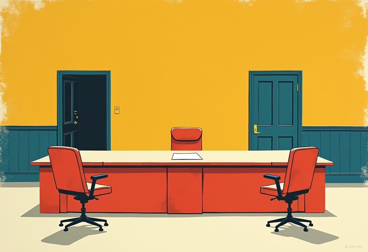 Illustration of an empty conference room with a red desk, three empty red office chairs, one blank sheet of paper on the desk, two teal doors, and a yellow wall.