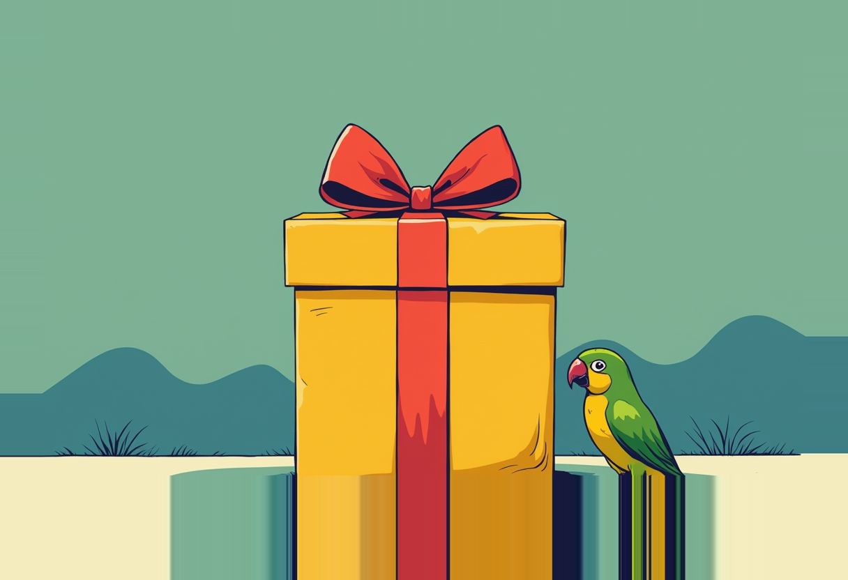 A large yellow gift box with a red ribbon and bow sits beside a green parrot with a yellow chest, against a green sky and blue hills.