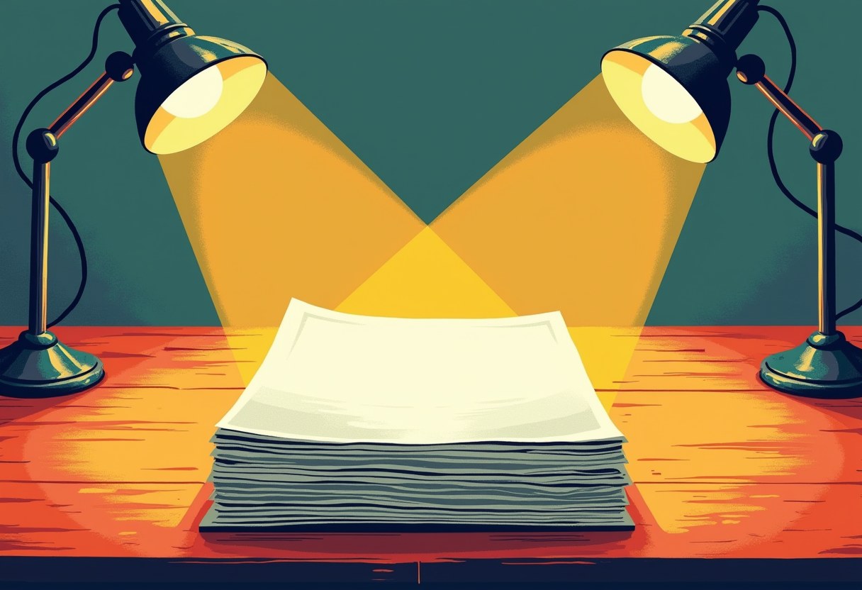 A stack of blank paper on a table, lit from two angles by desk lamps, casting overlapping shadows
