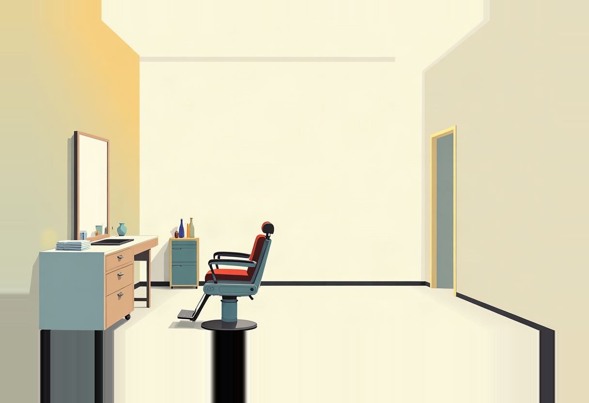 Illustrated empty barbershop with a red-and-teal barber chair, a vanity with mirror and bottles, in muted yellow, cream, and grey tones.