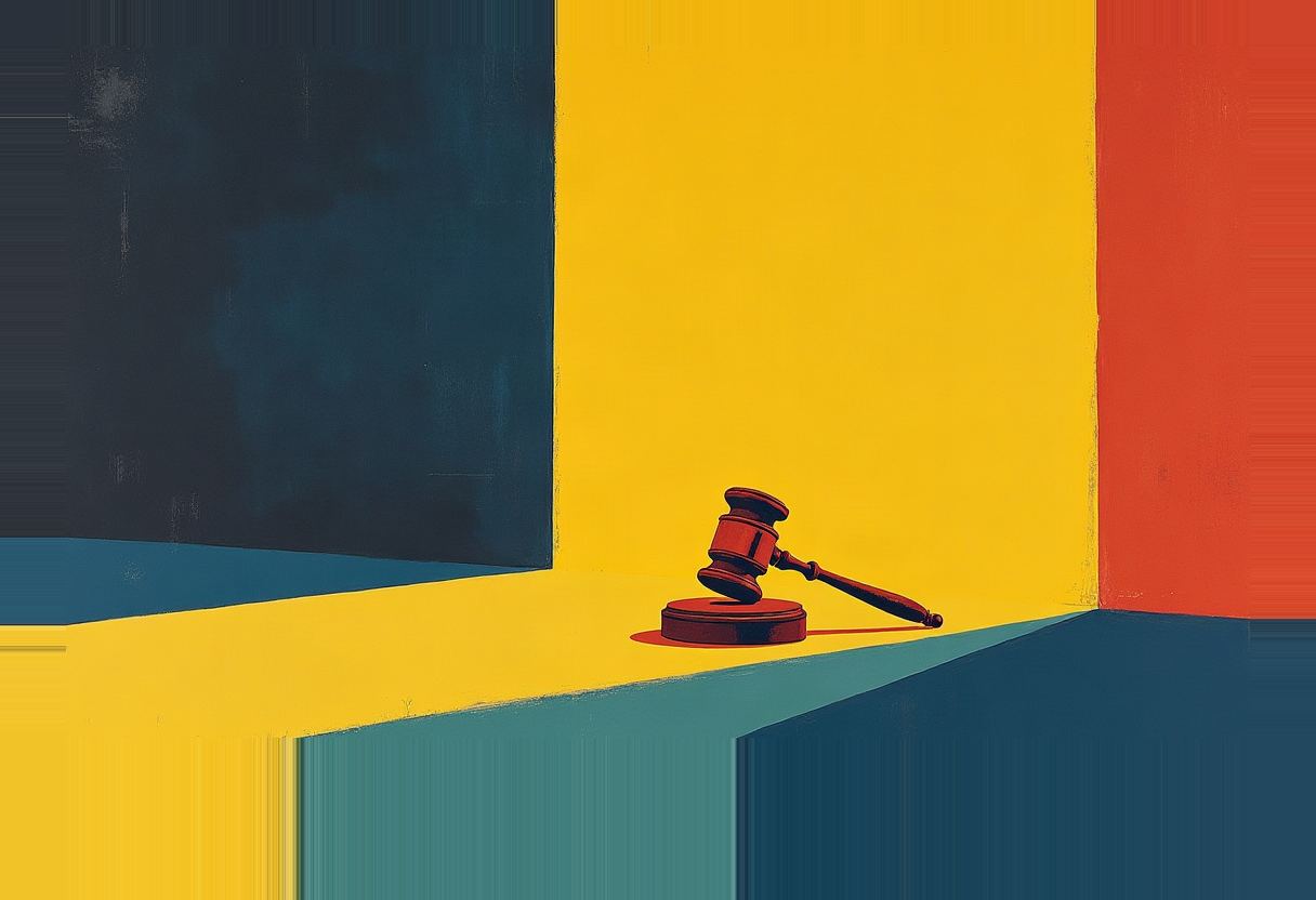 A red wooden gavel and sound block rest on a yellow ledge at the edge of a geometric composition of dark blue, yellow, red, and teal angular blocks.