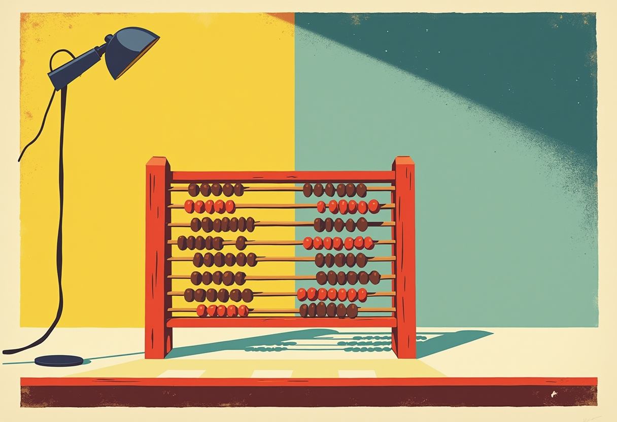A red wooden abacus with rows of red and brown beads sits beside a desk lamp, against a split yellow and teal background.