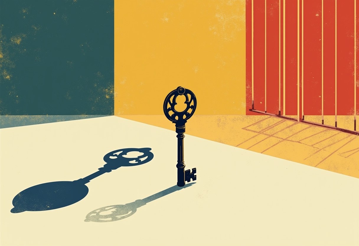 Abstract risograph poster: a single ornate key stands upright at center casting a long key-shaped shadow across a bare floor while a red barred gate stands to the right — one object between an image of access and an image of a barrier.