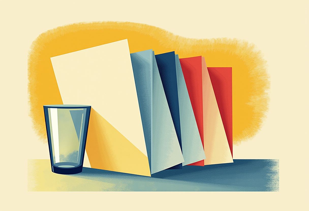 Illustration of a row of leaning folded panels in cream, blue, and red propped against a small glass on a table, set against a yellow glow on a pale background.