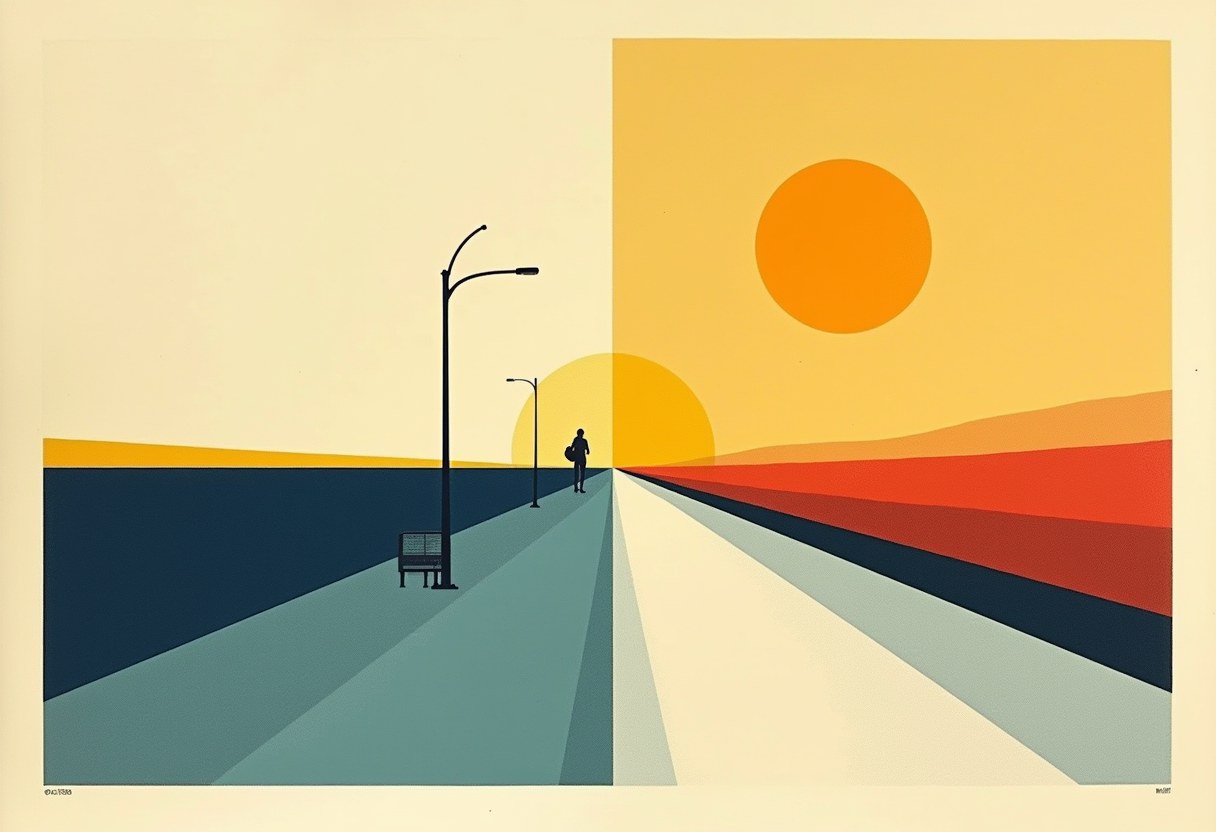 A two-tone risograph diptych split down the middle: the left half a cold pre-dawn scene, a lone figure waiting at a bus stop under a streetlamp beneath a barely-risen sun; the right half a warm evening glow with a high amber sun over distant hills, a road running to the horizon between them.