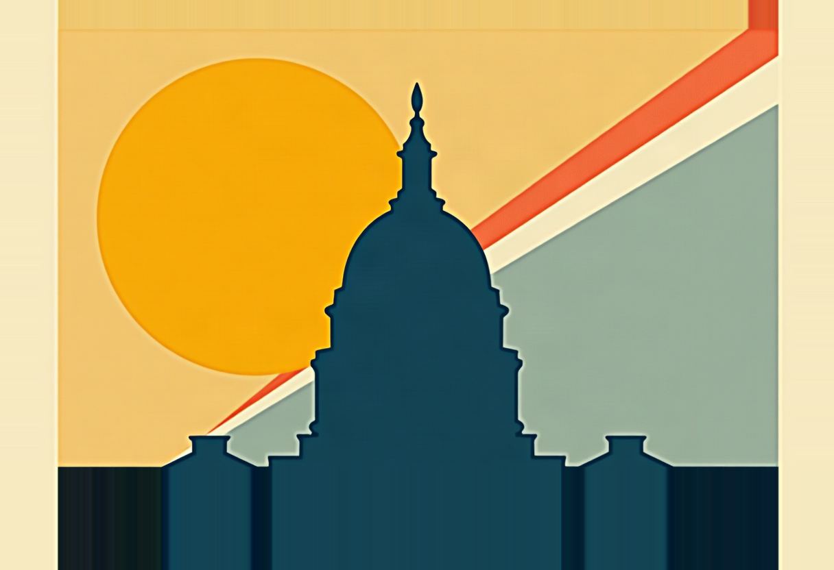 Dark teal silhouette of a domed capitol building against a mustard sky with a large orange sun and a diagonal red-white-green stripe.
