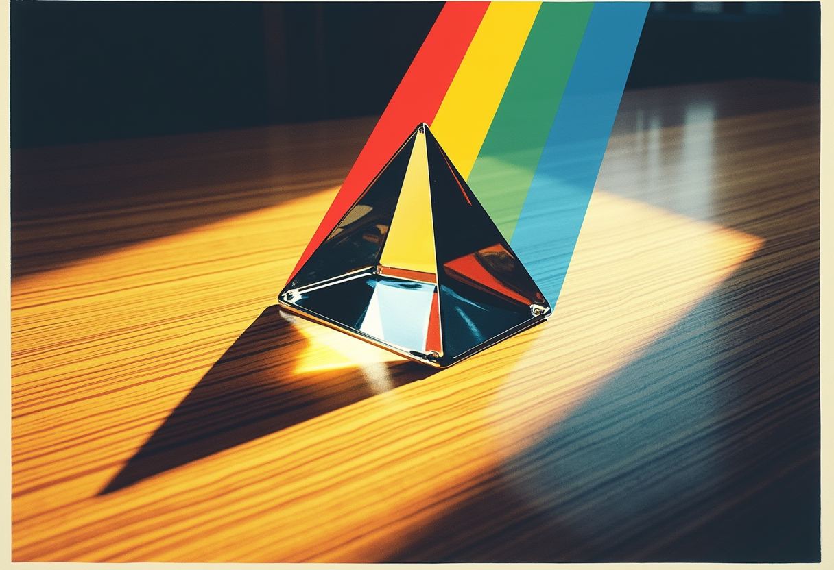 A pyramid-shaped glass prism sits on a wood table, splitting a beam of light into red, yellow, green, and blue stripes.