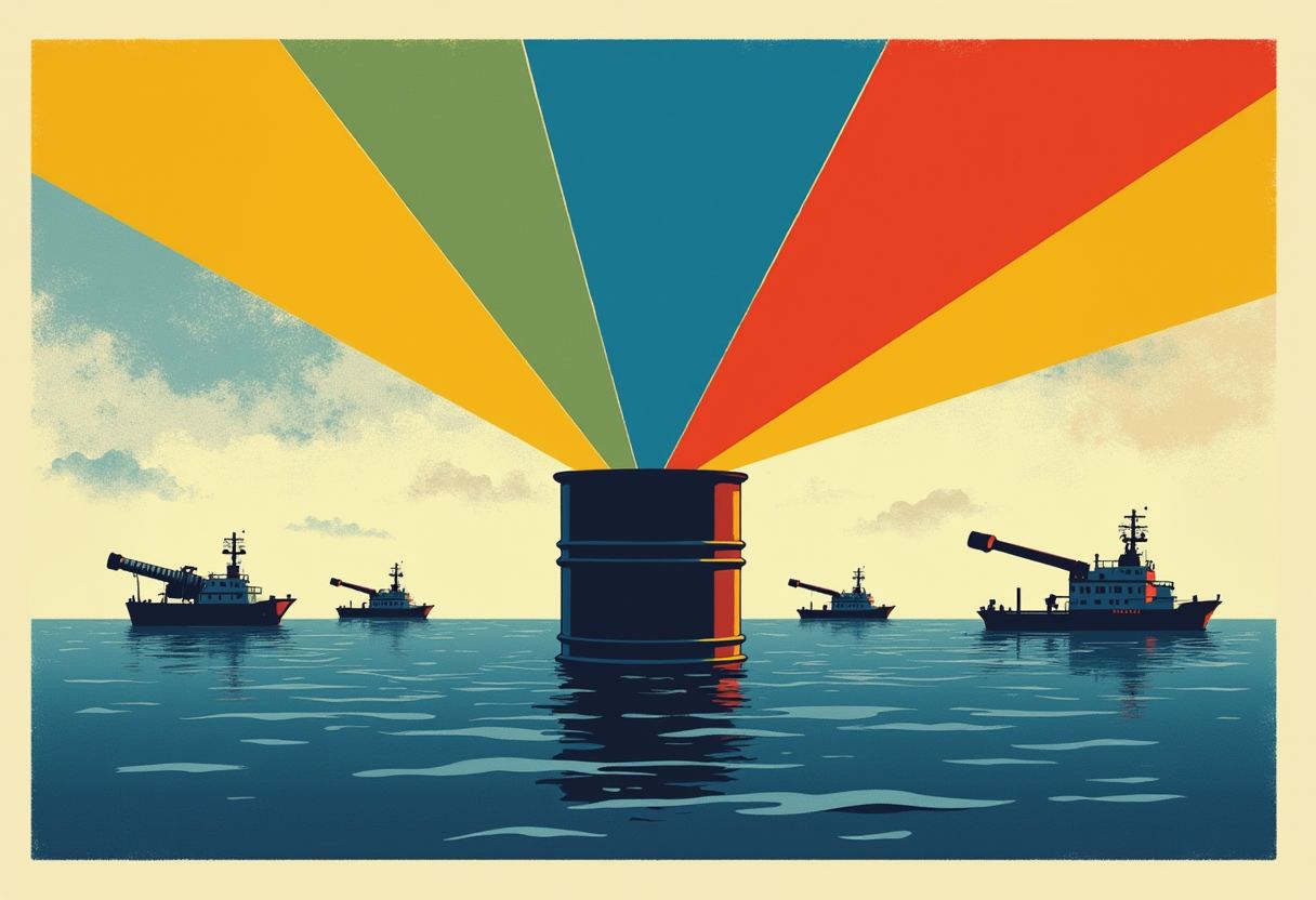 A large oil barrel floats in the sea emitting fanned rays of blue, green, red, and yellow light, surrounded by four gunships with cannons aimed at it.