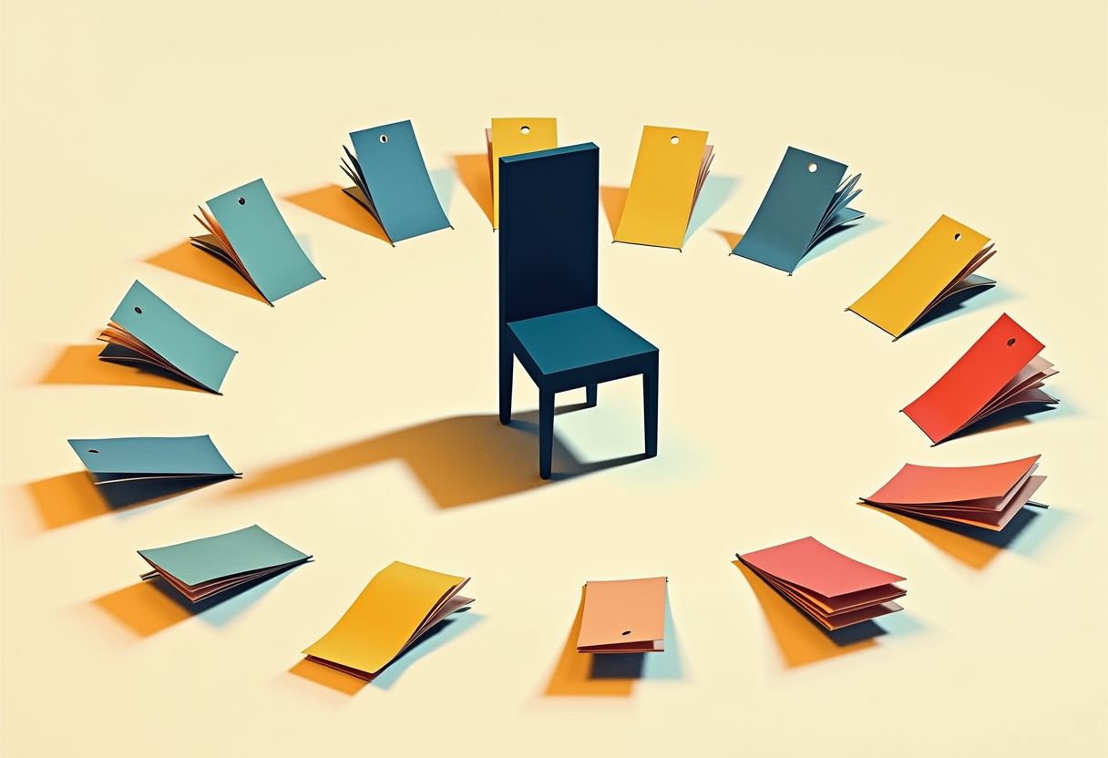 A dark navy chair sits alone in the center of a ring of small blue, yellow, orange, and red booklets standing upright on a pale background.