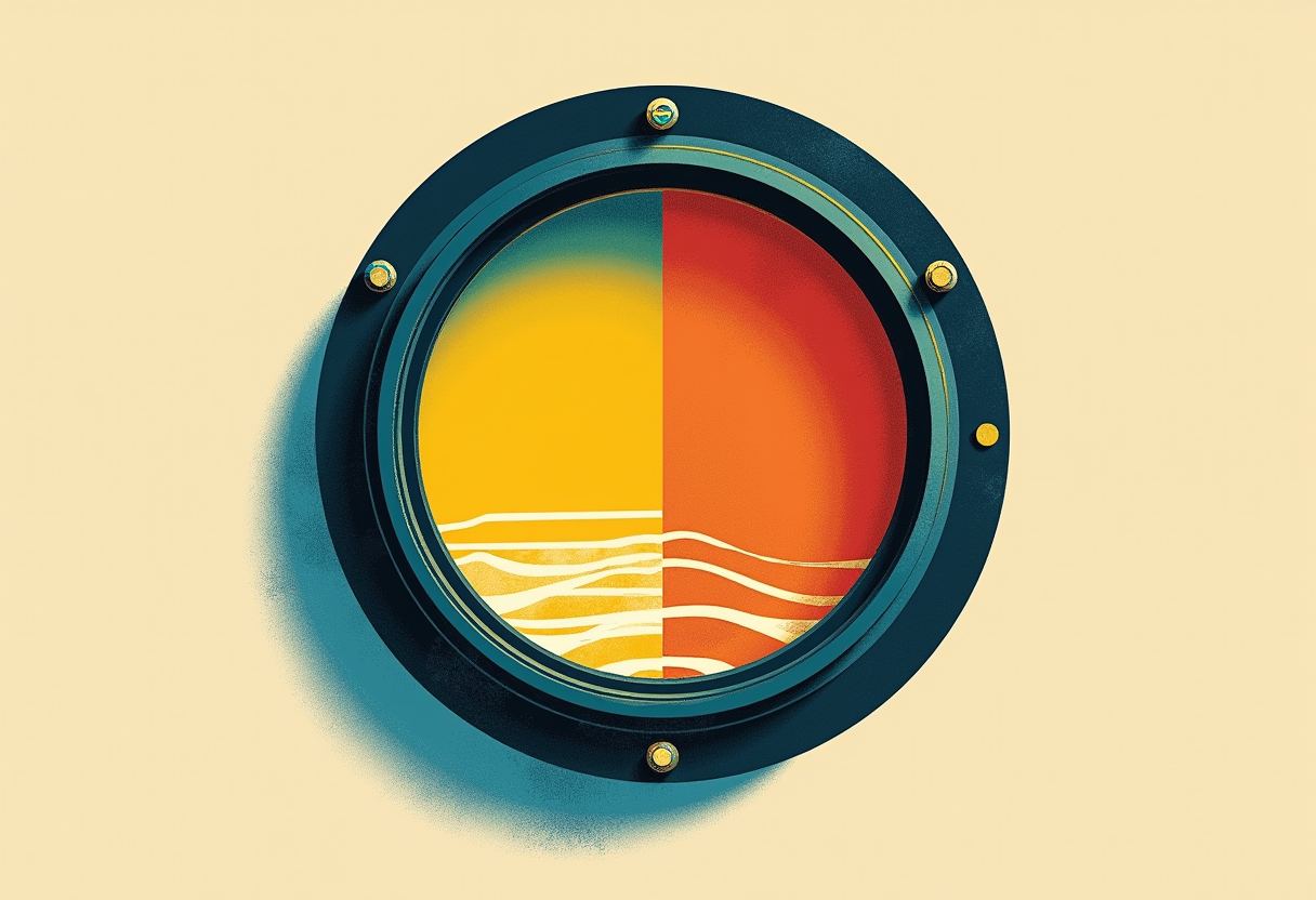 A dark round porthole with bolts frames a circle split into yellow-teal on the left and orange-red on the right, with wavy horizontal lines across the bottom, on a cream background.