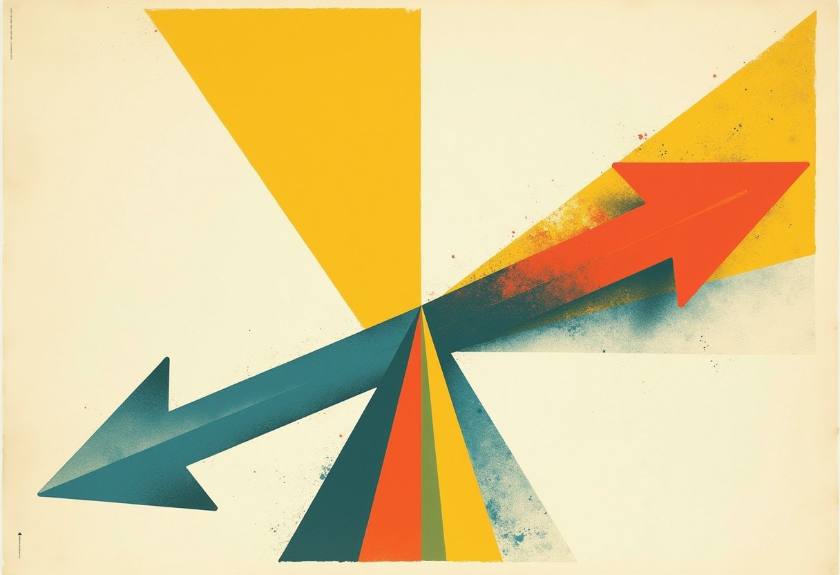 Abstract risograph poster: from a single origin point a bold arrow splits into two heads pointing opposite ways — one away to the lower left, one back toward the upper right — over crossed geometric planes in golden yellow, cobalt blue and vermilion, evoking one motion recorded two contradictory ways.