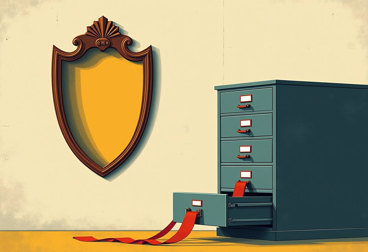 An empty badge-shaped frame on a wall beside a filing cabinet, one drawer open with a red ribbon trailing out