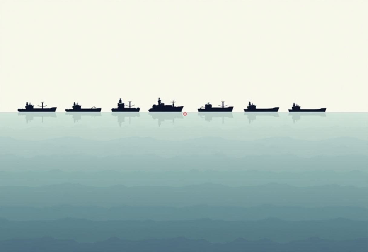 Seven dark ship silhouettes in a row on the horizon line of a teal sea, with a small red circle marker beside the fourth ship.