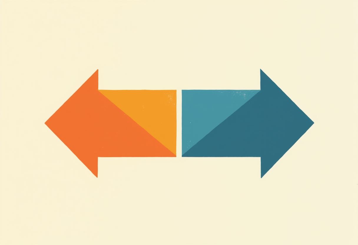 Two thick arrows point in opposite directions on a cream background: an orange-and-yellow arrow pointing left, a teal-and-blue arrow pointing right, meeting at the center.
