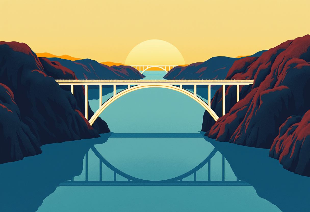 A cream arch bridge spans a blue strait between dark red-and-navy cliffs, its reflection in the water below a rising yellow sun.