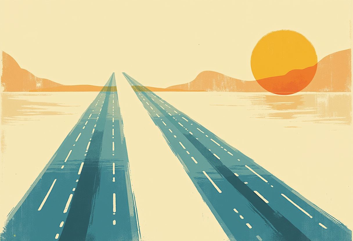 Two teal roads with dashed white lane markings converge toward a horizon with orange hills and a large orange-yellow sun, on a pale yellow background.