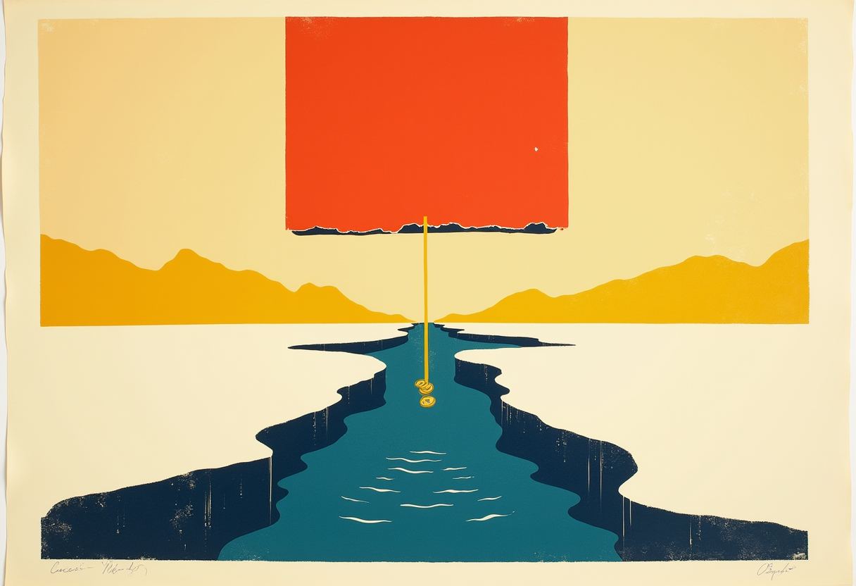 Print of a teal strait between dark cliffs, a yellow line with dangling gold coins hanging from a torn red rectangle above yellow mountains and cream sky.