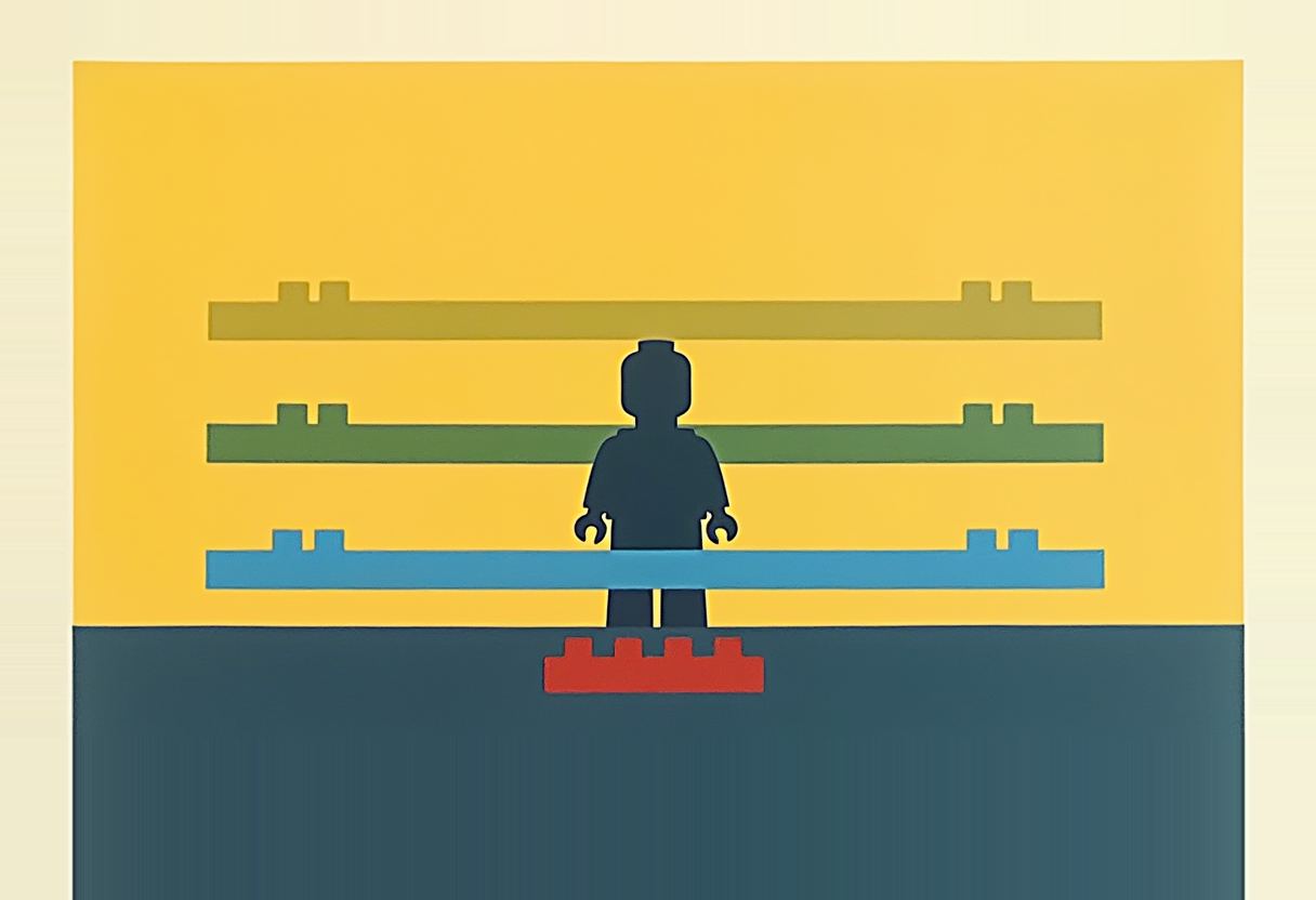A dark silhouette of a Lego minifigure stands on a red brick, in front of three horizontal Lego brick bars (yellow, green, and blue) against a yellow background above a dark teal ground.
