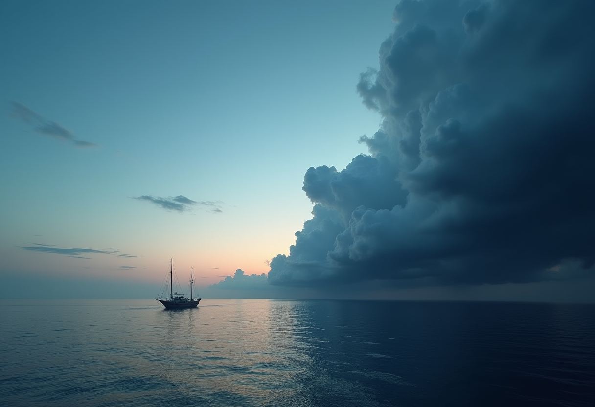 A two-masted sailboat sits still on a calm sea at dusk, with a pale orange horizon on the left and a massive dark storm cloud looming on the right.