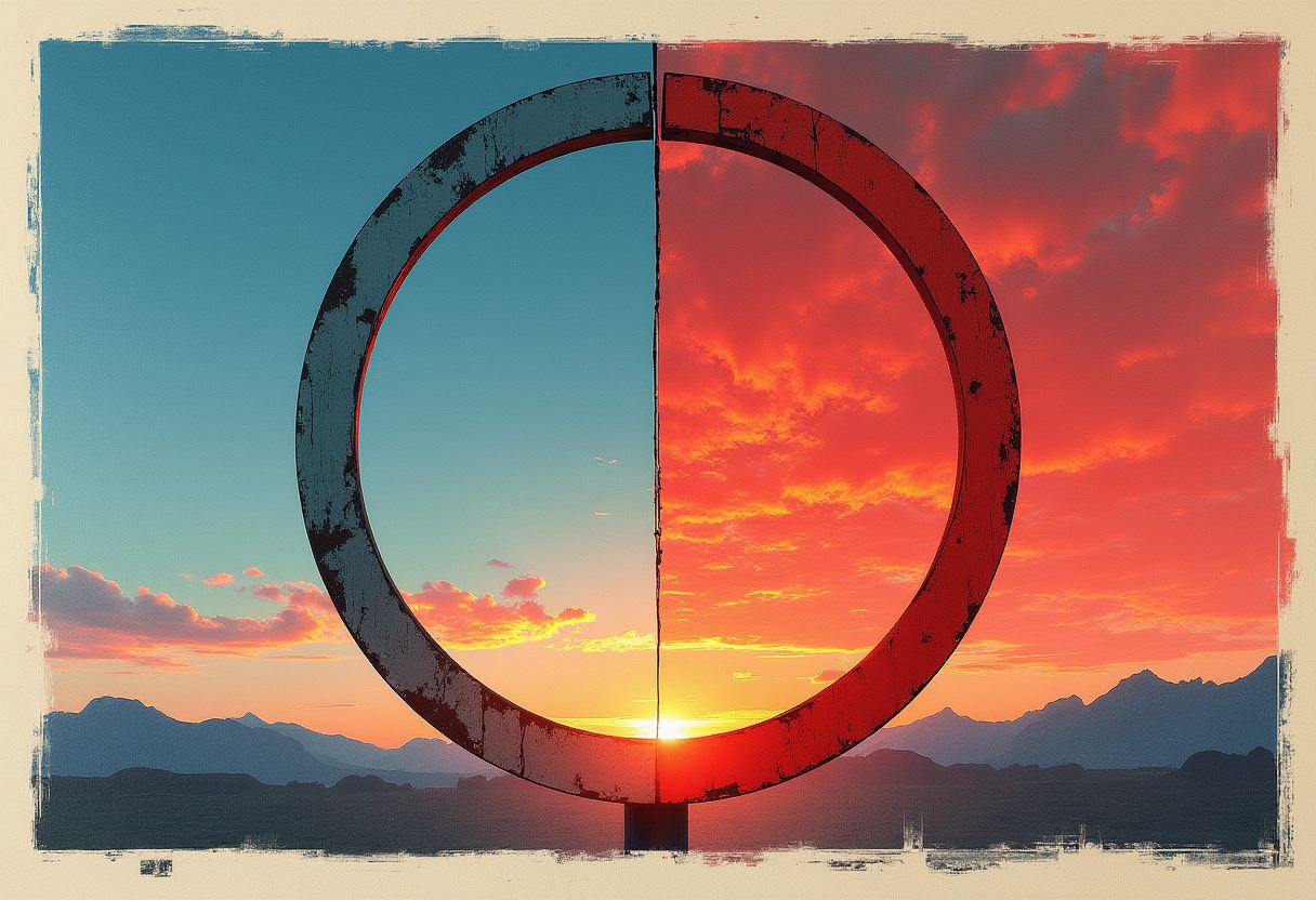 A large ring split blue-gray on the left and rust-red on the right stands over mountains, framing a setting sun where blue sky meets a fiery red-orange sky.
