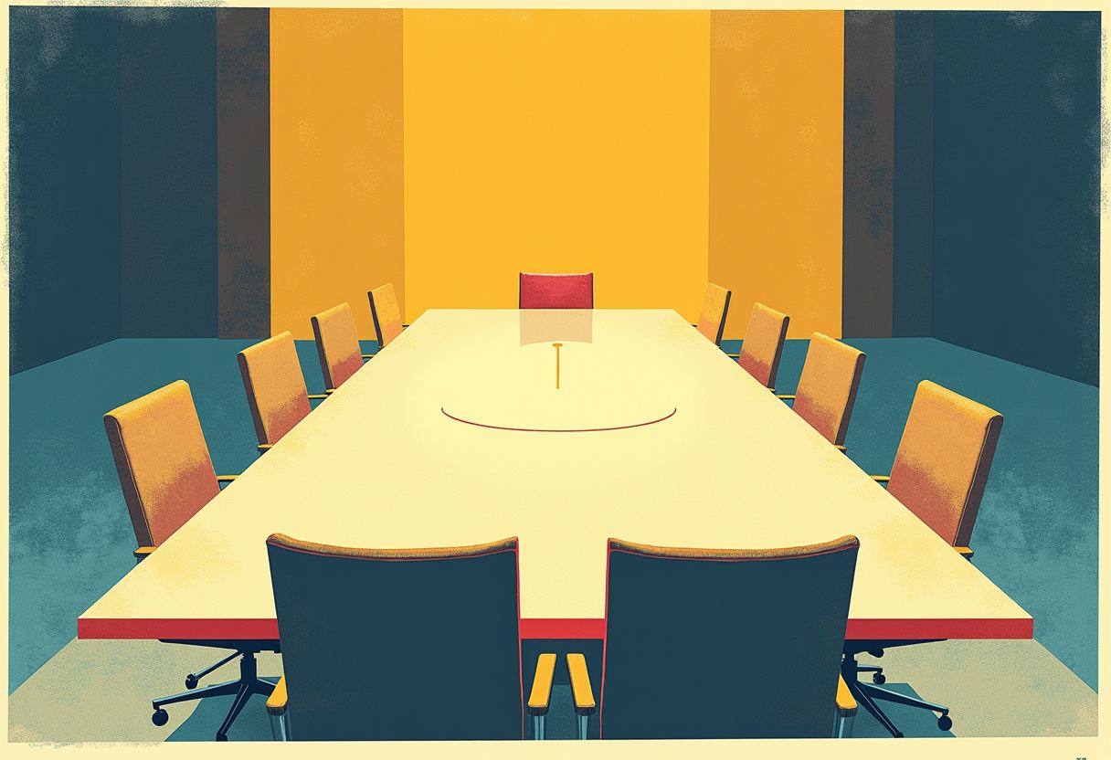 A long empty conference table with rows of orange and dark chairs, a red chair at the head, and a thin red curved line drawn on the tabletop.
