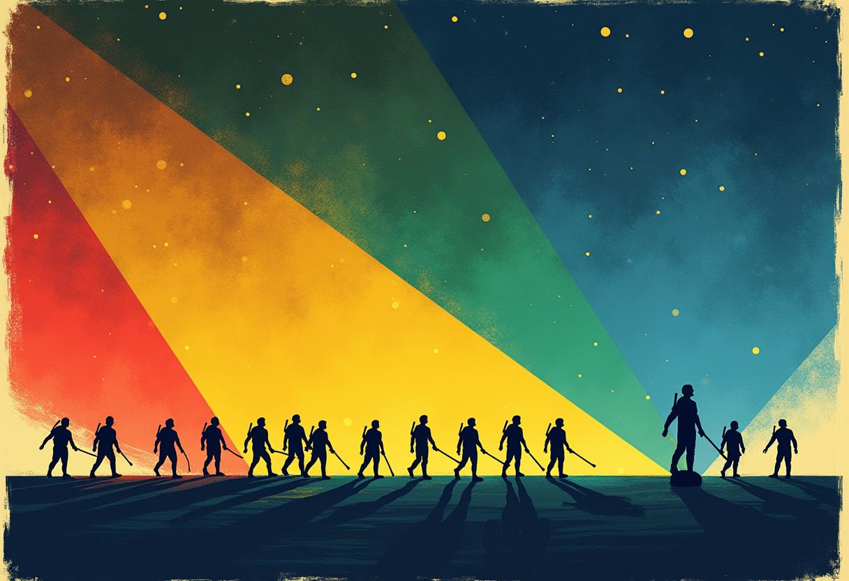 Silhouetted figures carrying rifles walk in a line across flat ground under wide diagonal bands of red, orange, yellow, green and blue light against a starry sky, with one taller figure standing apart on the right.