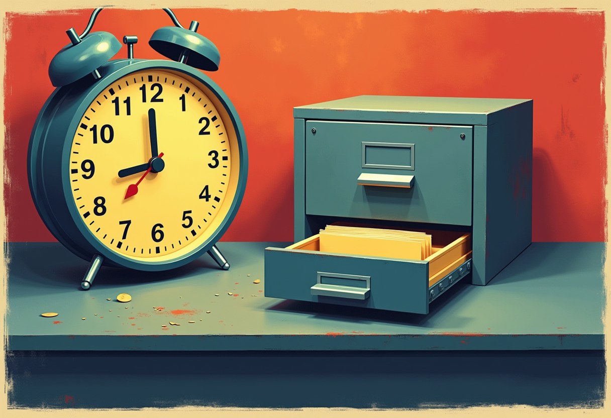A stopped alarm clock beside an open filing-cabinet drawer with a blank folder edge, muted oxblood and slate palette