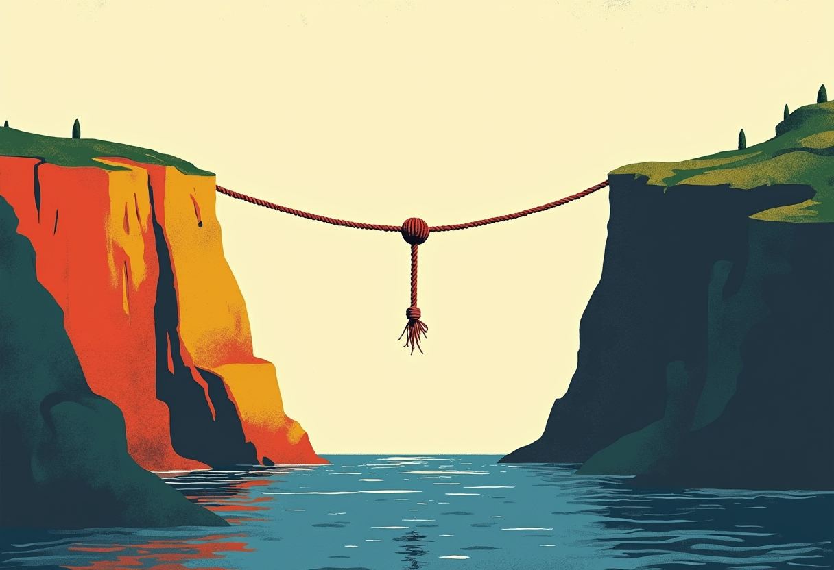 A single red rope stretches between two cliffs over water, tied in a large knot at its sagging midpoint with a frayed loose end dangling below.