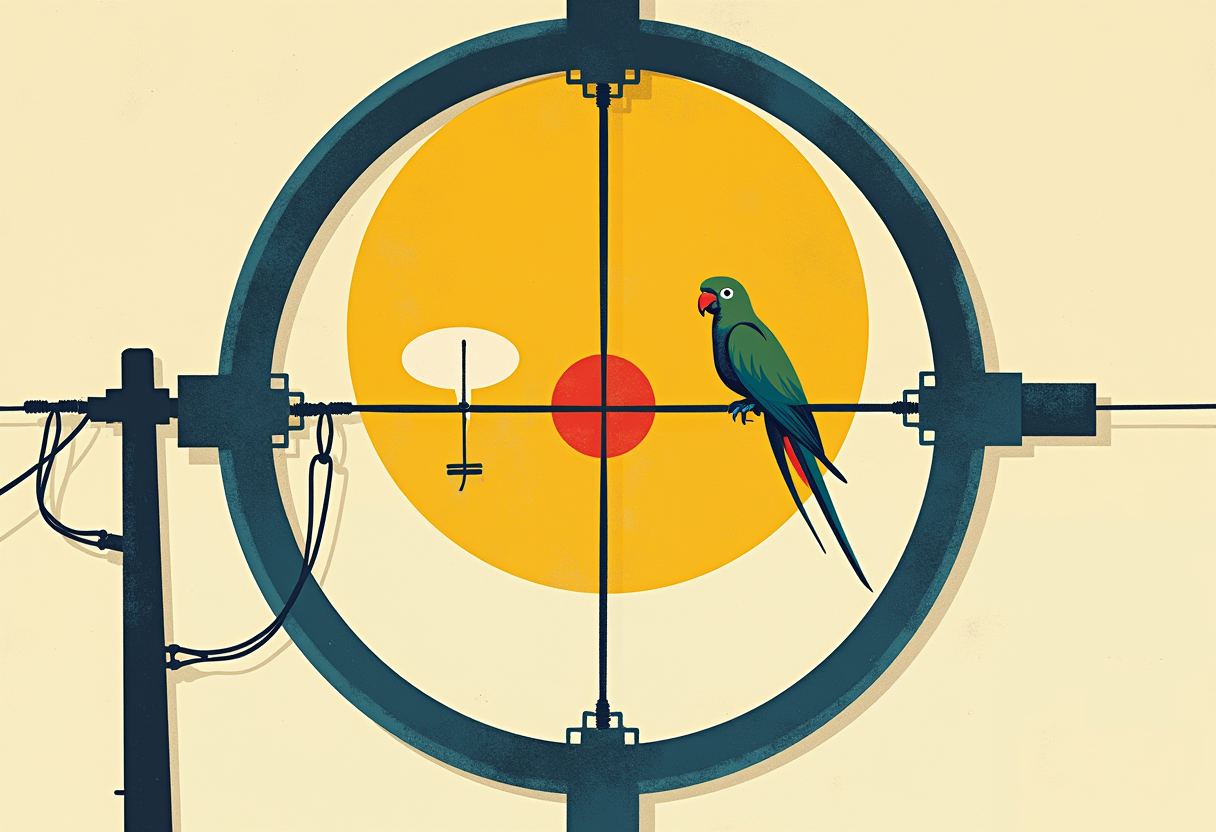 A green parrot perches on power lines centered inside a dark crosshair scope over an orange sun with a red dot and small white oval.