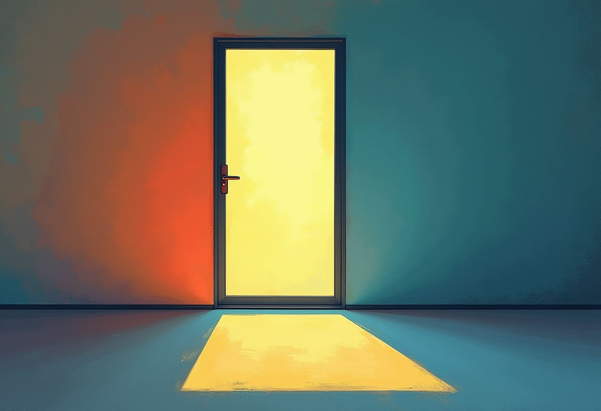 A closed door with glowing yellow glass casts a bright rectangle of light onto the floor, flanked by orange and teal walls.
