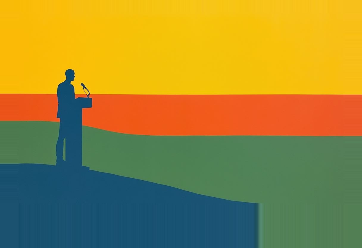 A dark blue silhouette of a man at a podium with a microphone stands on a green hill against a yellow and orange sky, casting a long shadow.