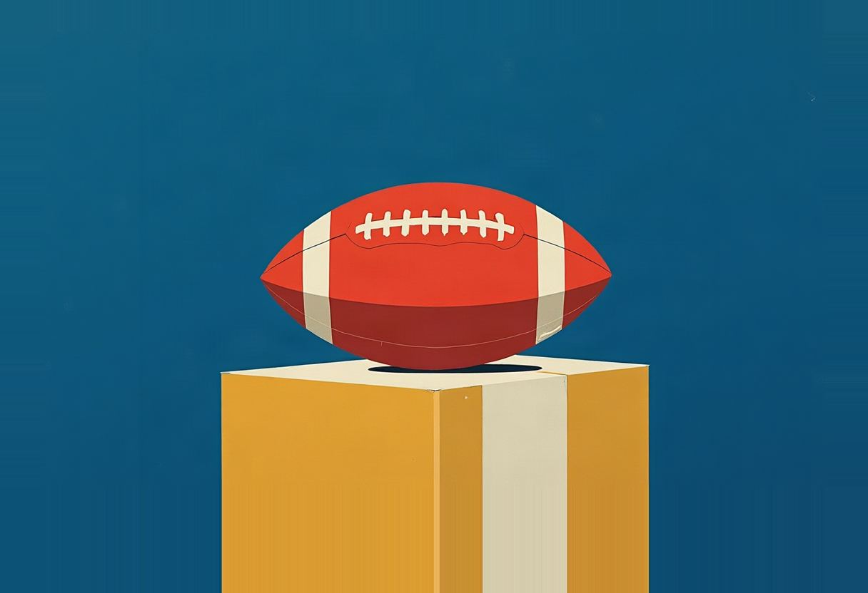 Flat cut-paper illustration: a vermilion football resting level across a two-color pedestal made of a gold half and a pale-grey half, with a thin off-white line rising from the seam between them toward the top of the frame; two small flat rectangles, one gold and one pale grey, lie at the base on a deep cobalt ground.