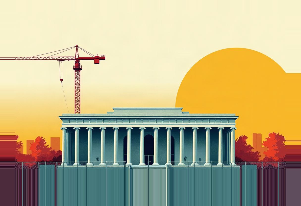 A red construction crane looms beside a colonnaded neoclassical building behind a chain-link fence, with a large yellow sun and red-orange trees and city skyline behind it.