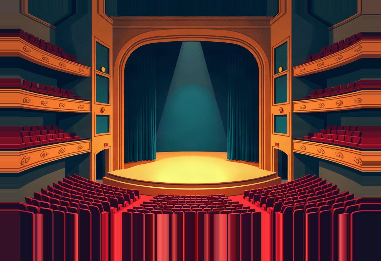 An empty theater with rows of red seats and tiered balconies facing an empty stage lit by a single spotlight and teal curtains.