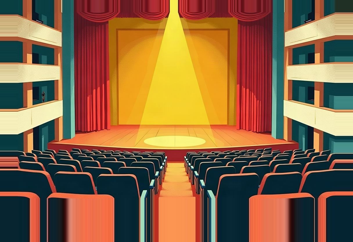 Empty theater with rows of dark blue seats facing a bare stage lit by a yellow spotlight beam, flanked by red curtains and teal side balconies, one tiny figure visible on a left balcony.