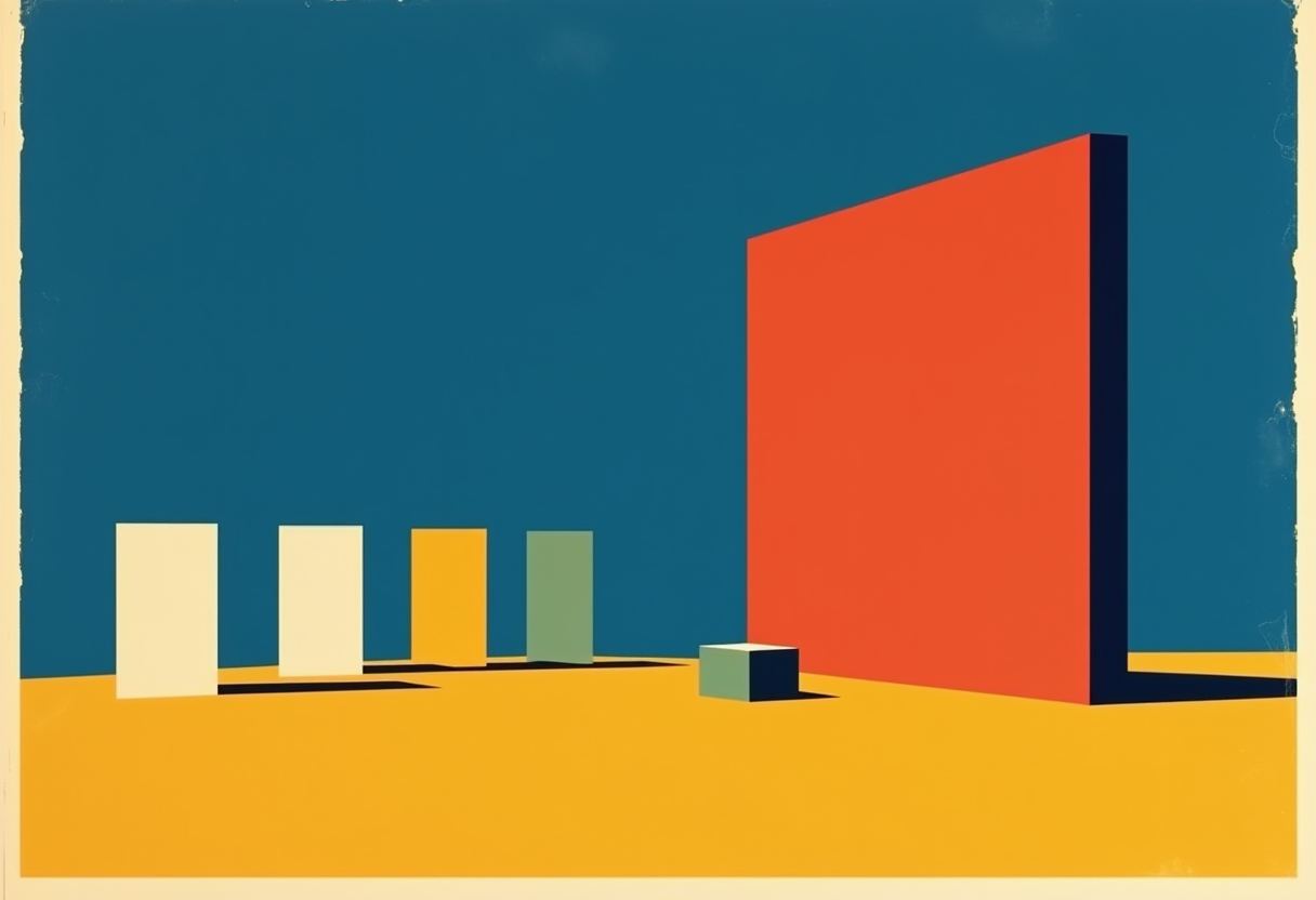 A flat cobalt-blue field with a row of four cream squares on the left, one golden square slightly ahead, a tall vermilion bar blocking the path on the right, and a small sage-green square lying flat before it