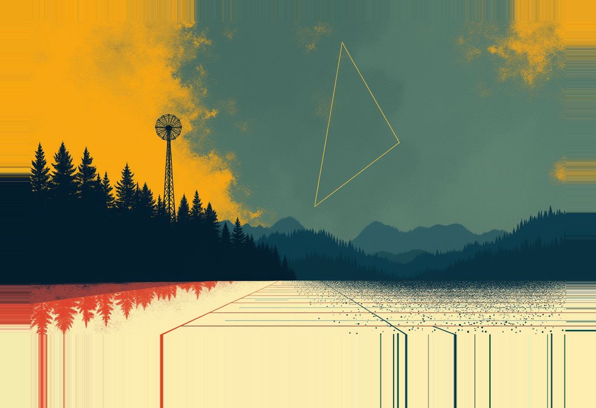 A silhouetted radio tower and pine forest against an orange and teal sky with a thin yellow triangle outline, above blue mountains and a pale ground streaked with red and dark vertical lines.