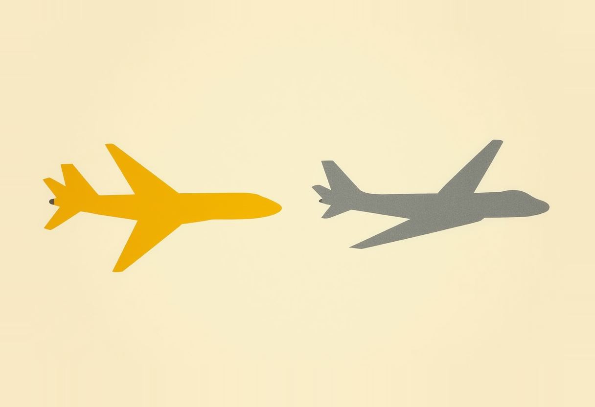 Two flat-illustration airplane silhouettes, one orange and one gray, facing each other from opposite sides against a pale cream background.